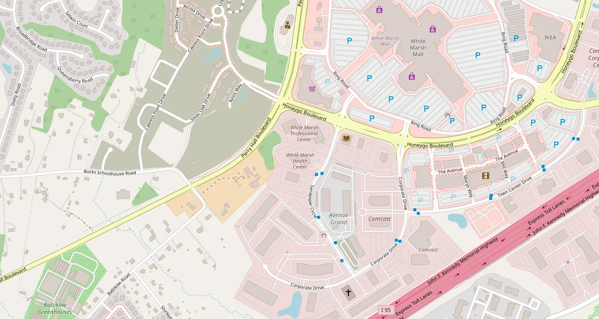 Map showing Red Lion Pharmacy at 8114 Sandpiper Circle in Nottingham, Maryland, just south of White Marsh Mall